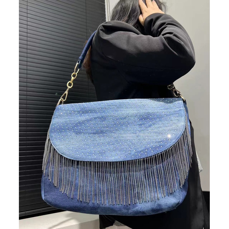 Stylish Blue Tassel Zircon Denim Shoulder Bags