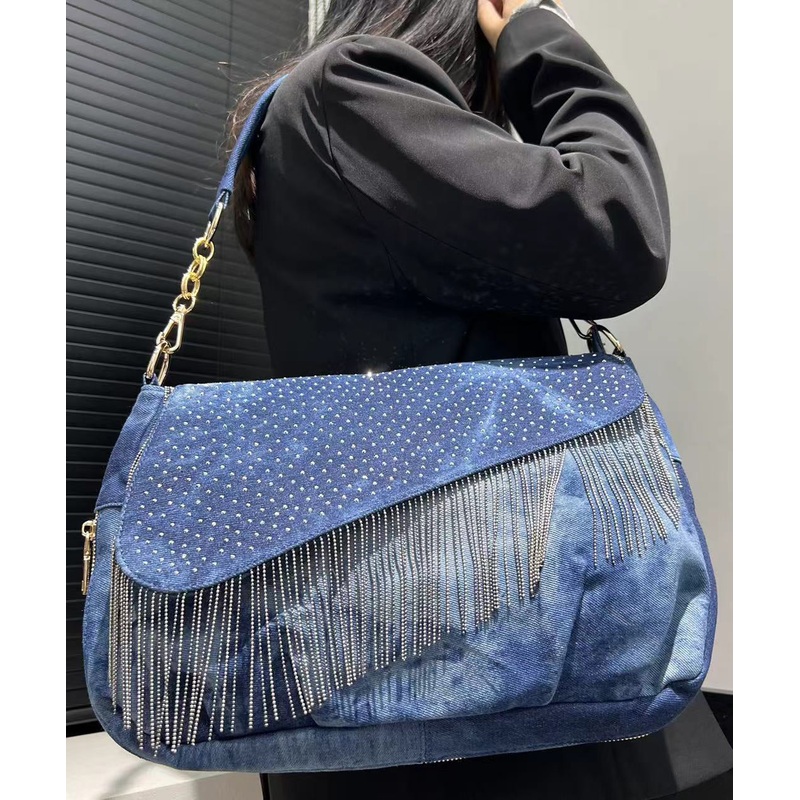 Stylish Blue Tassel Zircon Patchwork Denim Shoulder Bags