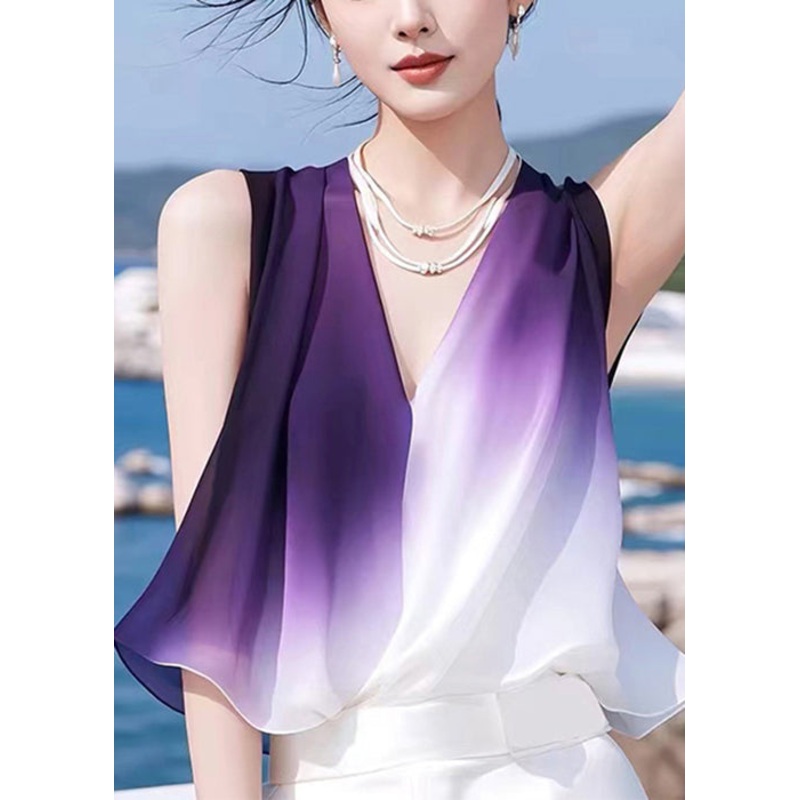 Stylish Gradient Color V Neck Patchwork Chiffon Tank Sleeveless