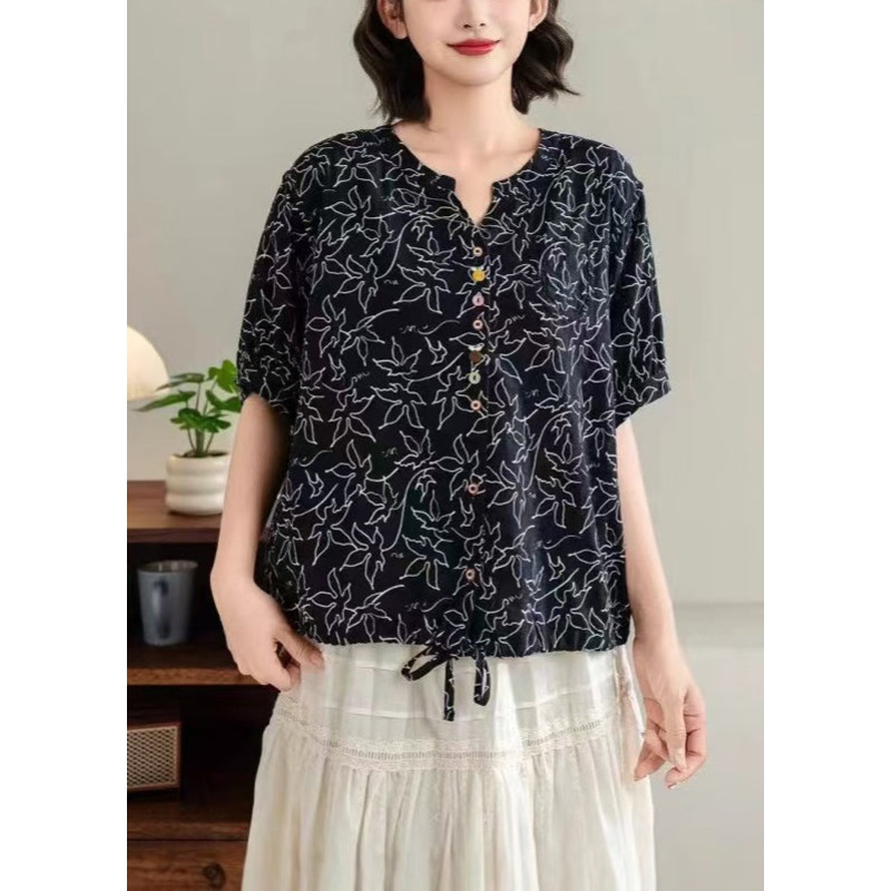 Unique Black Print Drawstring Cotton Blouse Tops Summer
