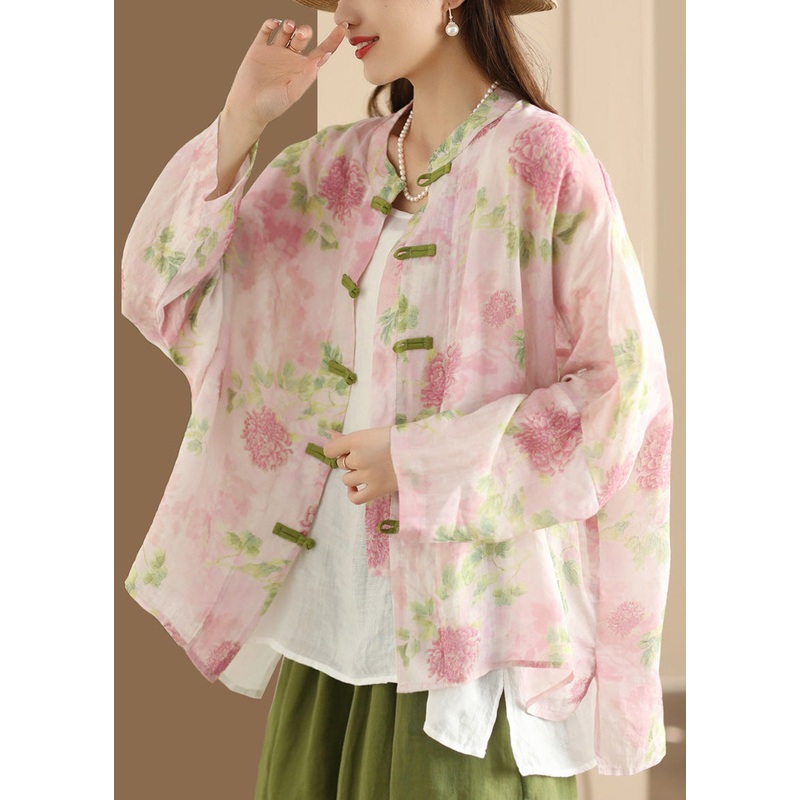 Vintage Pink Oversized Print Linen Oriental Shirt Top Summer