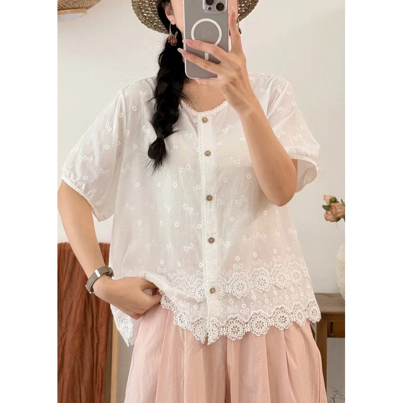White Patchwork Lace Blouses Embroidered Summer