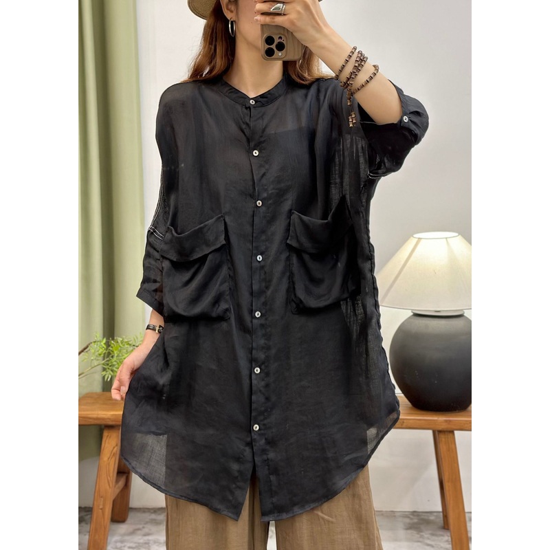 Women Black Oversized Pockets Cotton Long Shirt Summer