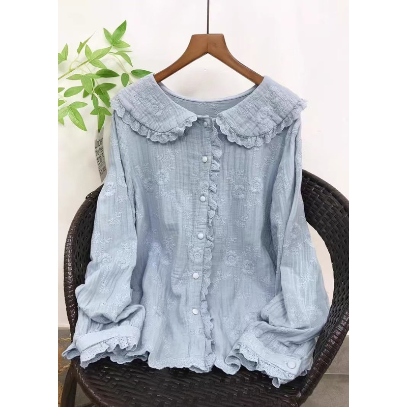 Women Blue Embroidered Cotton Shirt Top Fall