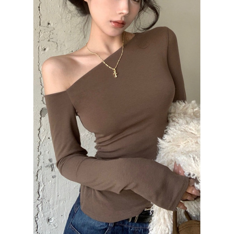 Women Brown One Shoulder Cotton Blouse Tops Fall
