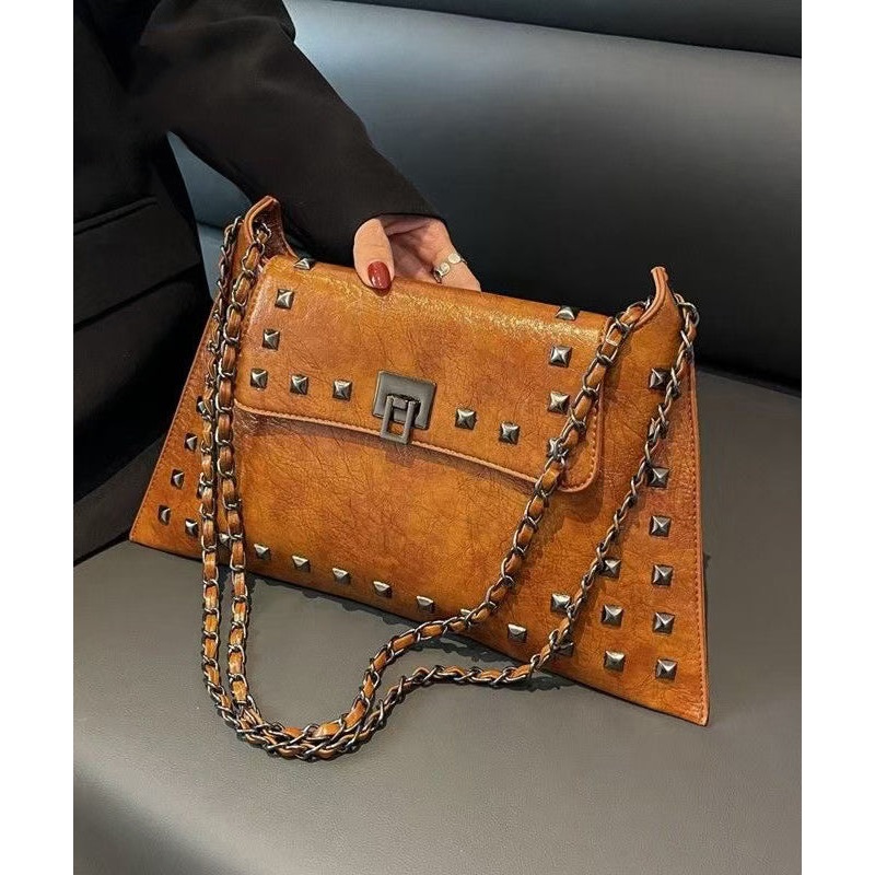 Women Brown Rivet Faux Leather Chain Linked Shoulder Bags