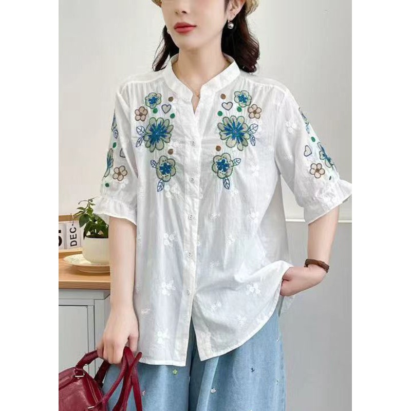 Women White Stand Collar Embroidered Cotton Tops Summer