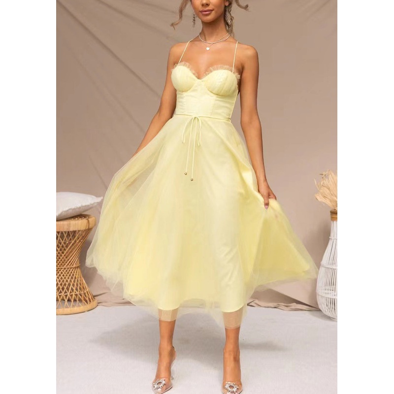 Yellow Tunic Tulle Tulle Maxi Spaghetti Strap Dress Summer