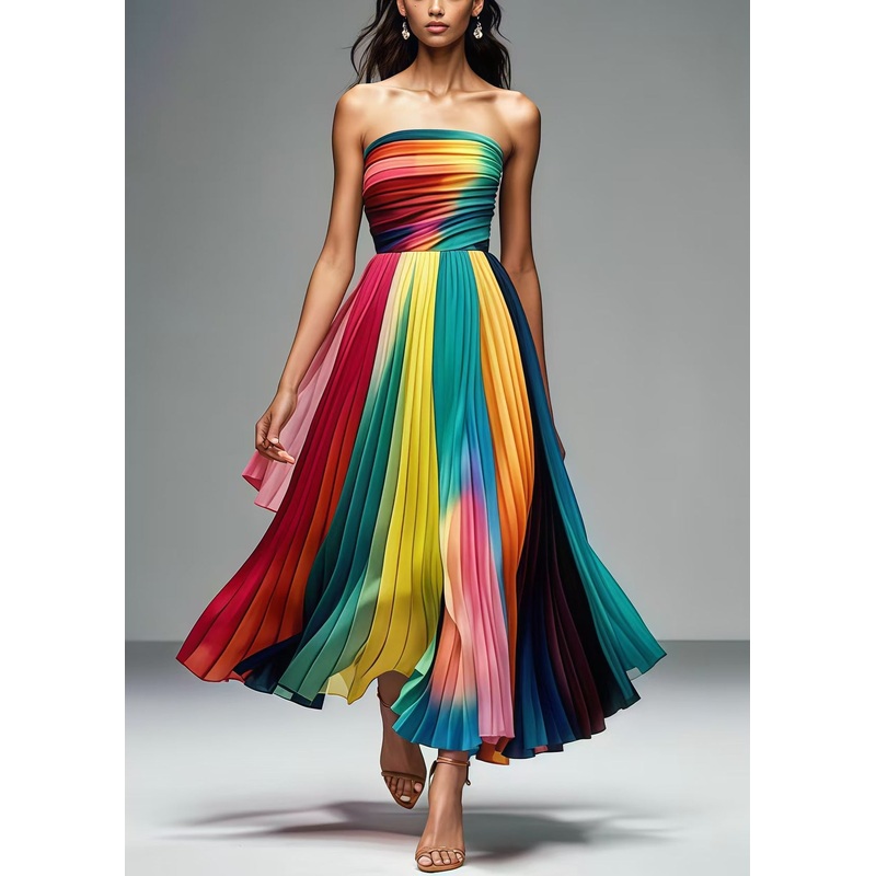 Art Rainbow Strapless Chiffon Party Pleated Dress Summer