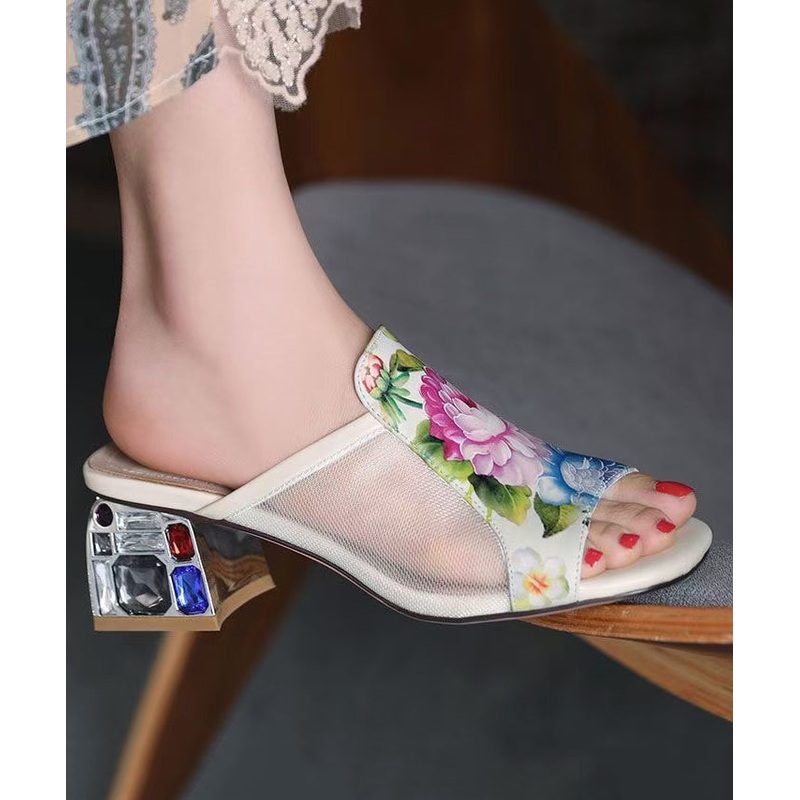 Beige Cowhide Leather Tulle Splicing Slide Sandals Peep Toe