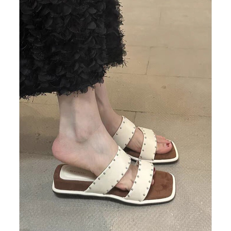 Beige Rivet Splicing Wedge Slide Sandals Peep Toe