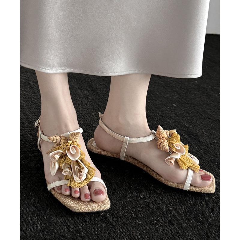 Beige Sheepskin Tassel Splicing Boho Water Sandals Peep Toe