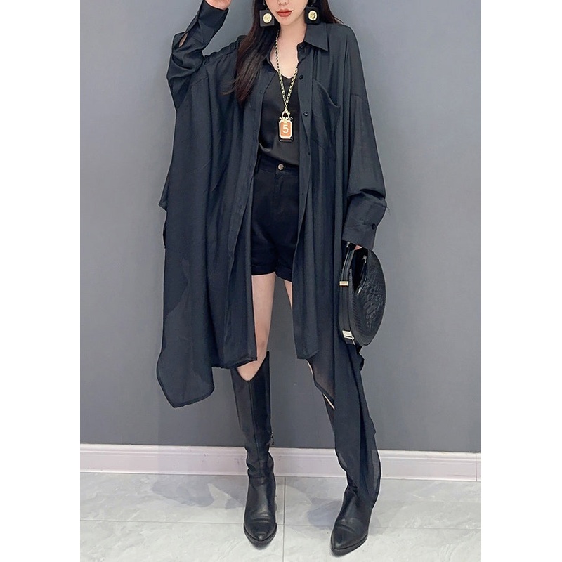 Black Solid Maxi Shir Asymmetrical Button Fall