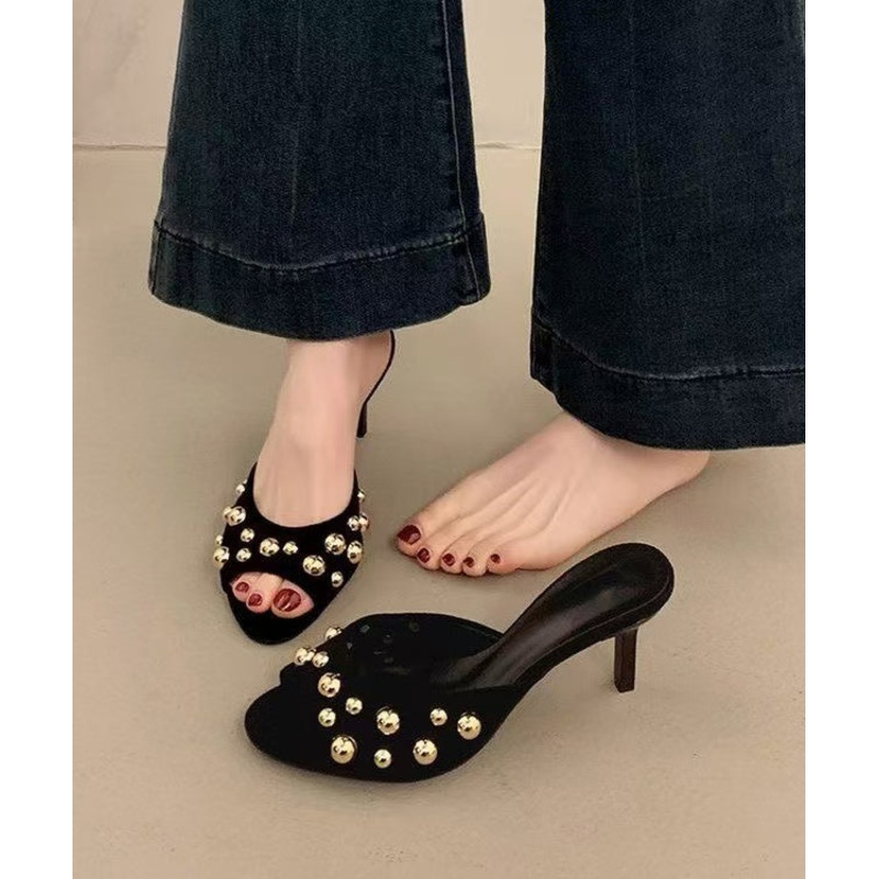 Black Suede Unique Rivet Splicing High Heel Slide Sandals