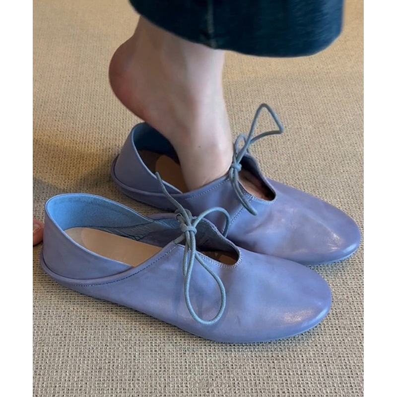 Blue Cowhide Leather Lace Up Splicing Flat Shoes Women