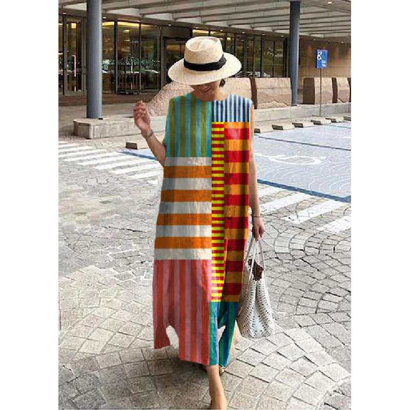 Bohemian O Neck Side Open Linen Cotton Clothes Fabrics Color Geometry Dress