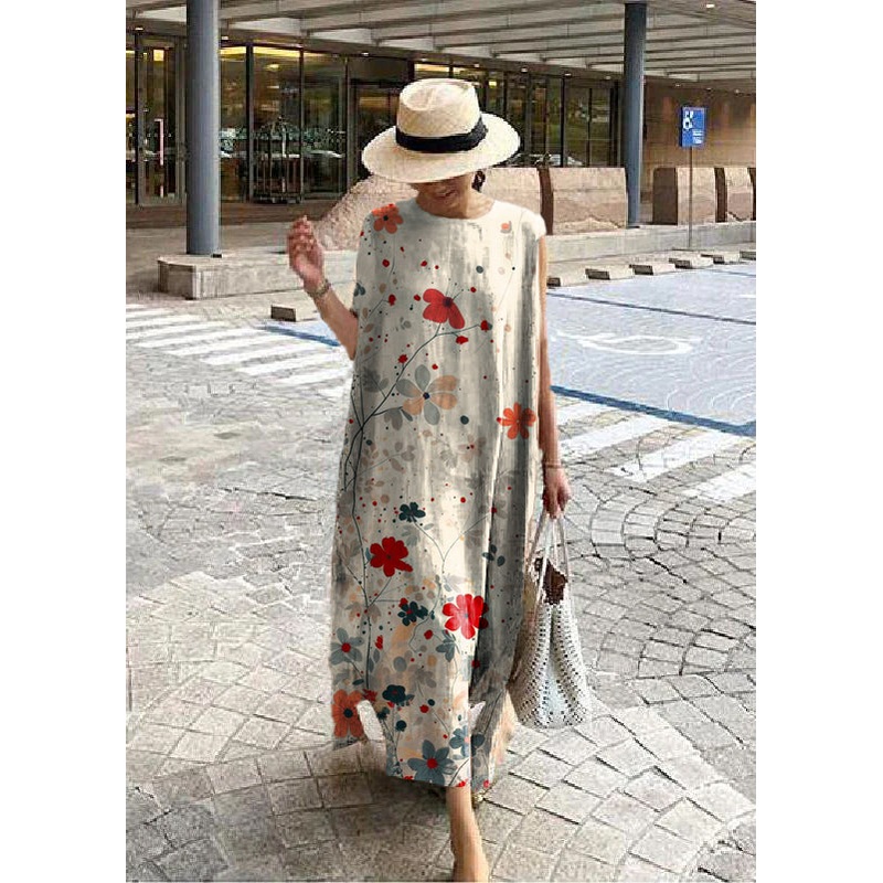 Bohemian O Neck Side Open Linen Cotton Clothes Fabrics White flowers Dress