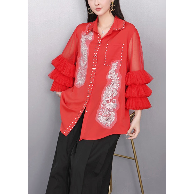 Bohemian Red Embroidered Chiffon Top Flare Sleeve