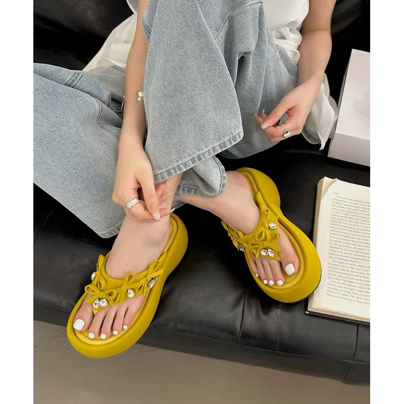 Boutique Bow Splicing Platform Flip Flops Yellow Faux Leather