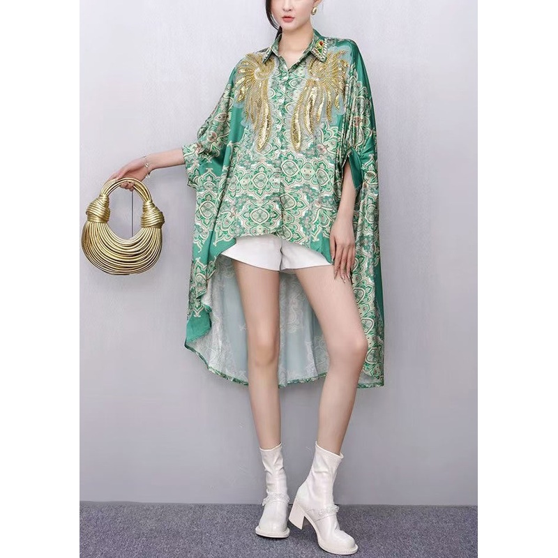 Boutique Green Sequins Print Low High Design Tops Summer