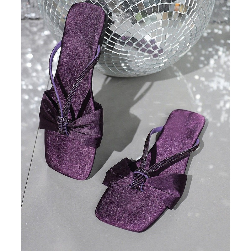 Boutique Purple Satin Splicing Slide Sandals Bow Zircon