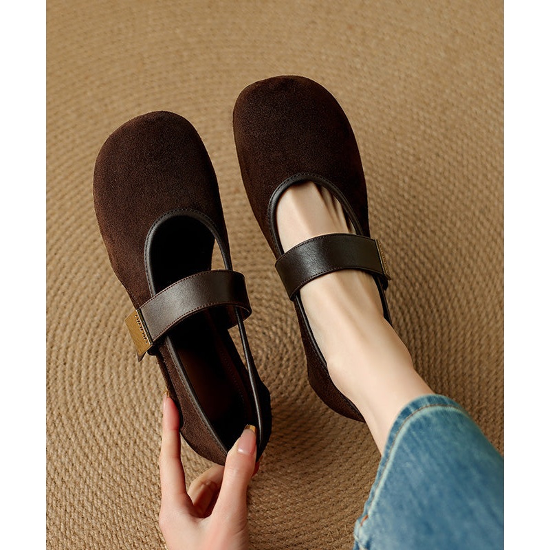 Brown Buckle Strap Splicing Suede Women Wedge Shoes