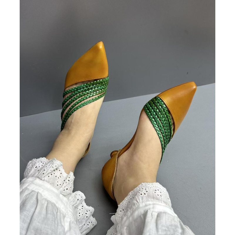 Brown Cowhide Leather Splicing Kitten Sandals Pointed Toe