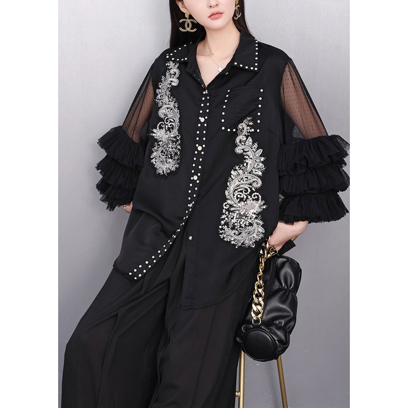 Casual Black Embroidered Rhinestone Shirt Bracelet Sleeve