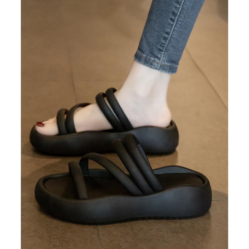 Casual Splicing Platform Black Faux Leather Slide Sandals