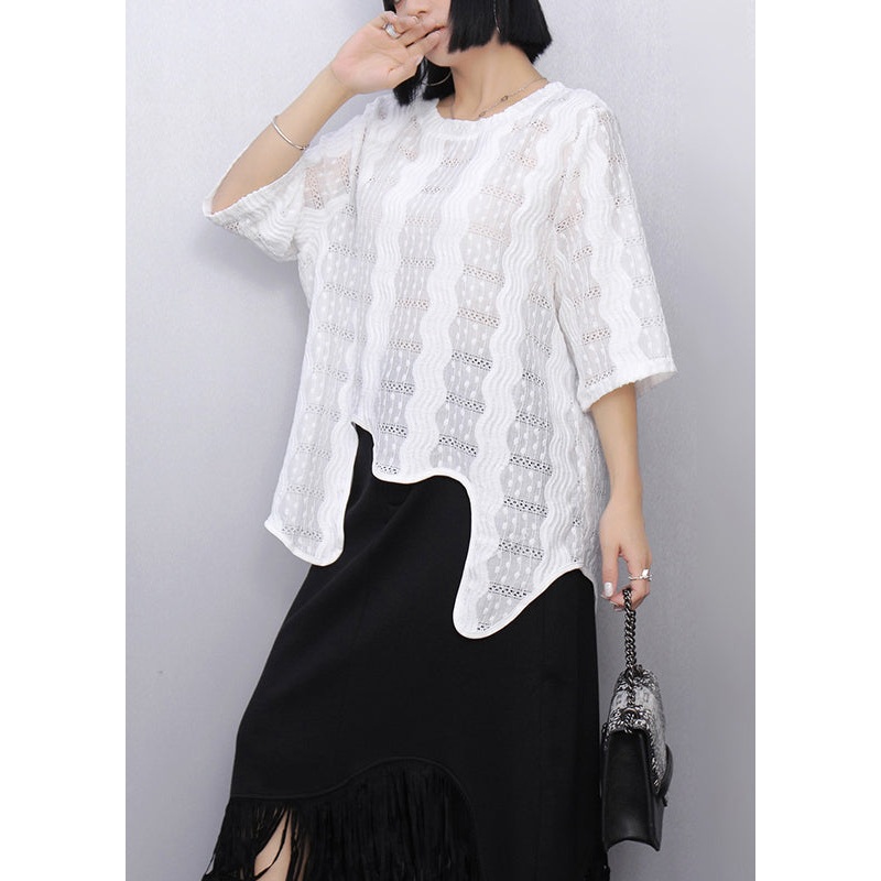 Casual White Asymmetrical Hollow Out Cotton Tops Summer