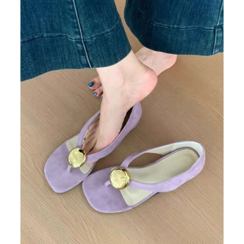 French Purple Suede Wedge Flip Flops Splicing