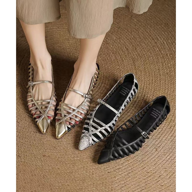 Gold Cowhide Leather Splicing Hollow Out Sandals Pointed Toe
