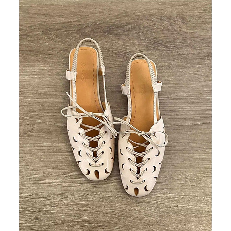 Handmade Beige Lace Up Splicing Hollow Out Sandals