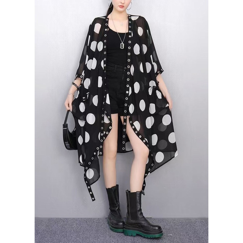 Italian Black Asymmetrical Print Chiffon Loose Cardigan Summer