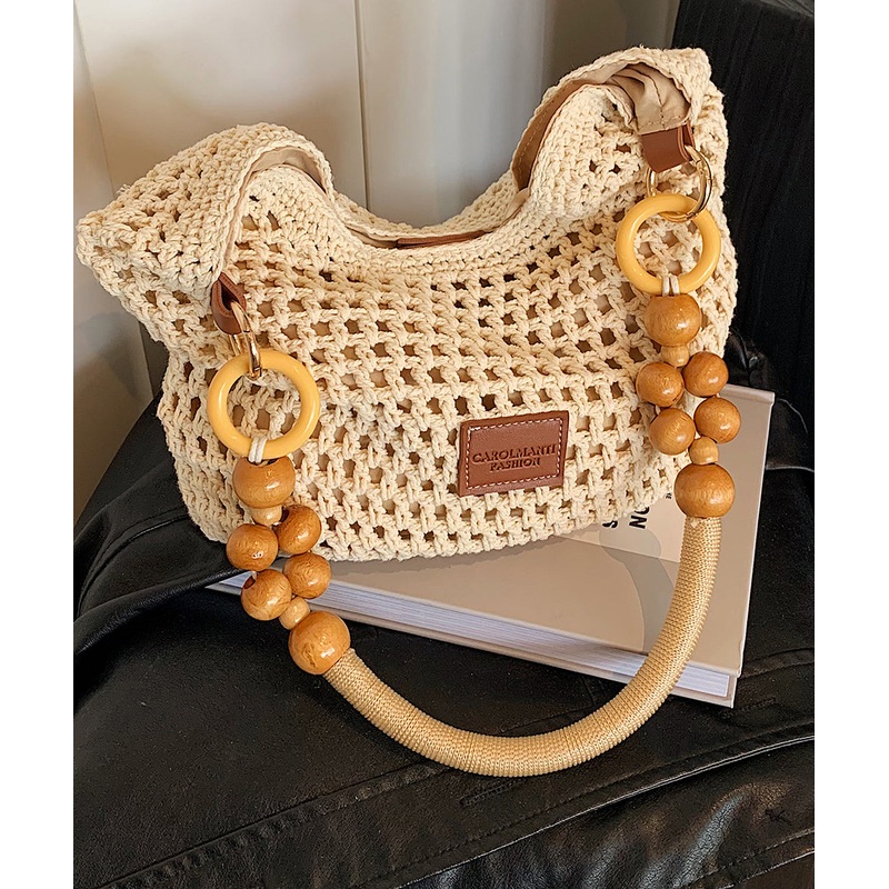 New Brown Large Capacity Hollow Out Woven Shoulder Bag
