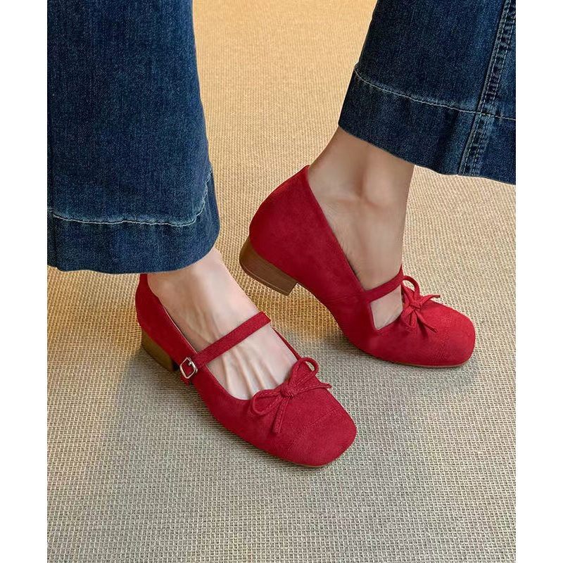 New Red Buckle Strap Bow Splicing Chunky Shoes Suede