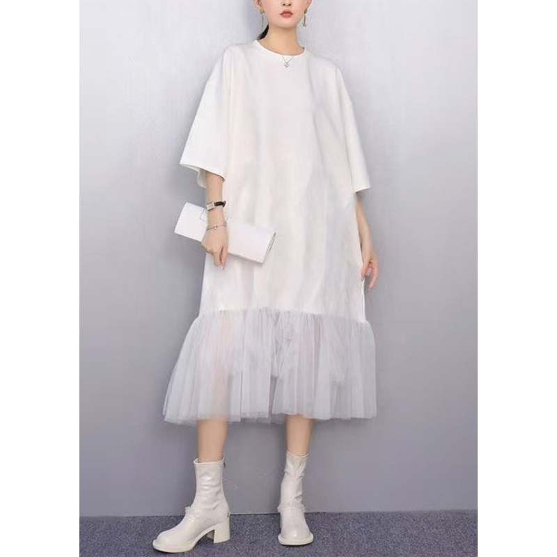 White Patchwork Tulle Vacation Dresses Oversized Summer