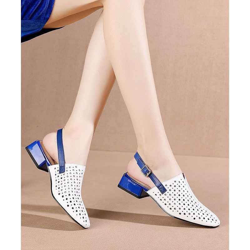 White Splicing Chunky Sandals Hollow Out Pointed Toe