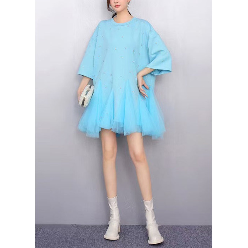Women Blue Oversized Patchwork Tulle Mini Dress Summer