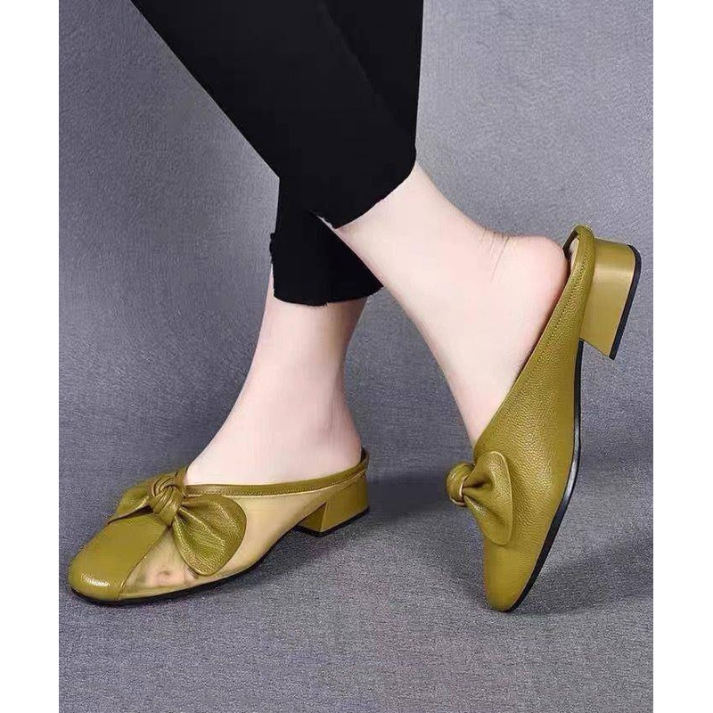 Women Bow Tulle Splicing Chunky Yellow Cowhide Leather Slide Sandals