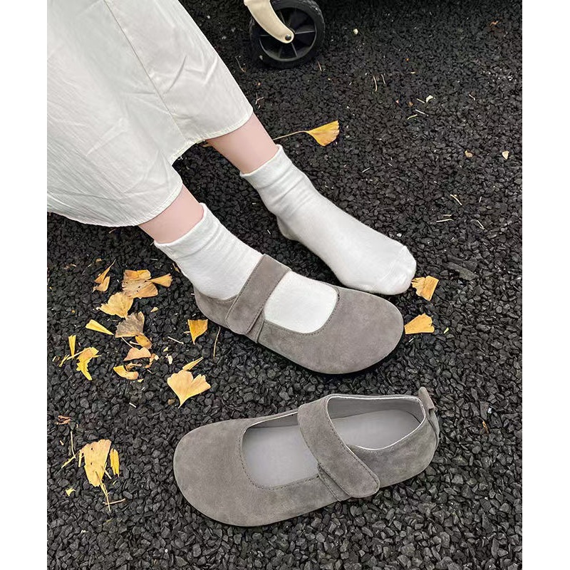 Women Grey Suede Buckle Strap Splicing Flat Feet Shoes