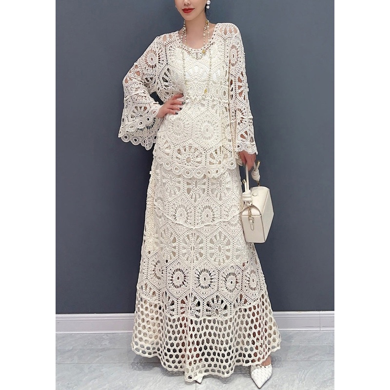 Women White Hollow Out Knit Two Piece Set Outfits Summer