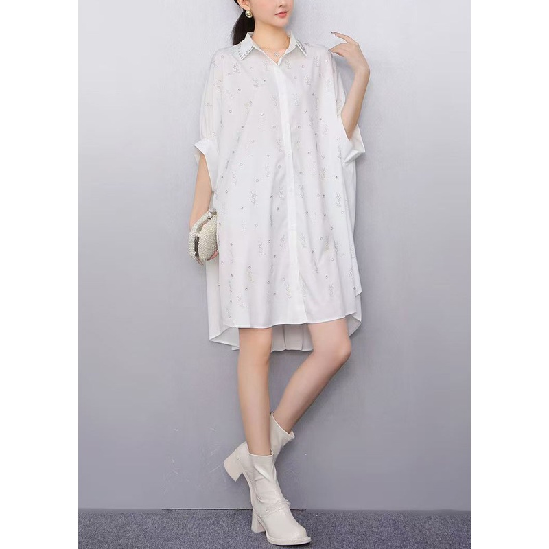 Women White Oversized Rhinestone Cotton Shirt Dress Summer