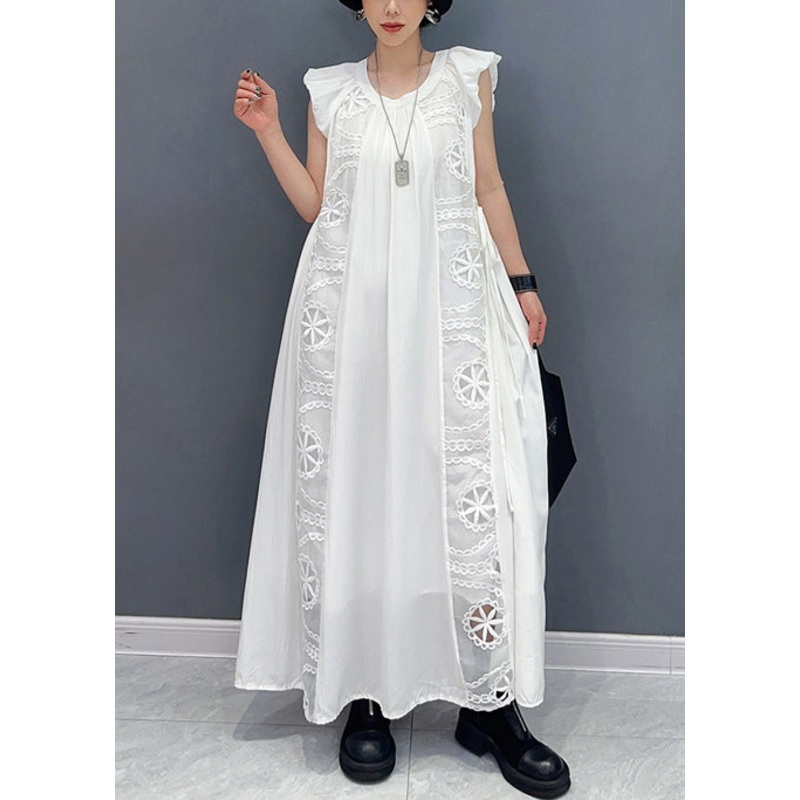 Women White Puff Sleeve Patchwork Lace A Line Dress Sleeveless