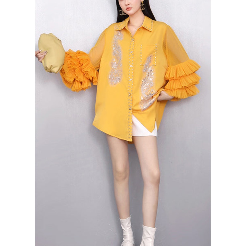Yellow Draping Chiffon Blouses Embroidered Bracelet Sleeve