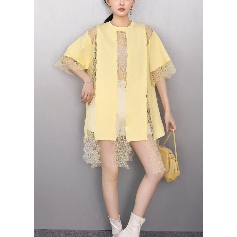 Yellow Patchwork Lace Tank Tops Hollow Out Summer