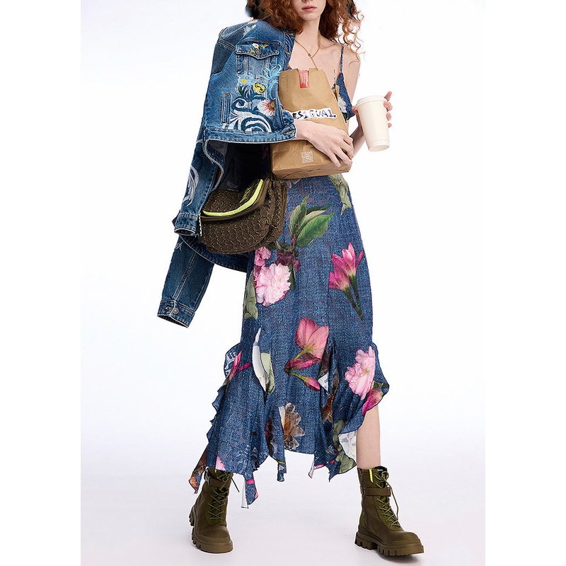 2025 New Blue Ruffled Print Cotton Spaghetti Strap Dress Summer