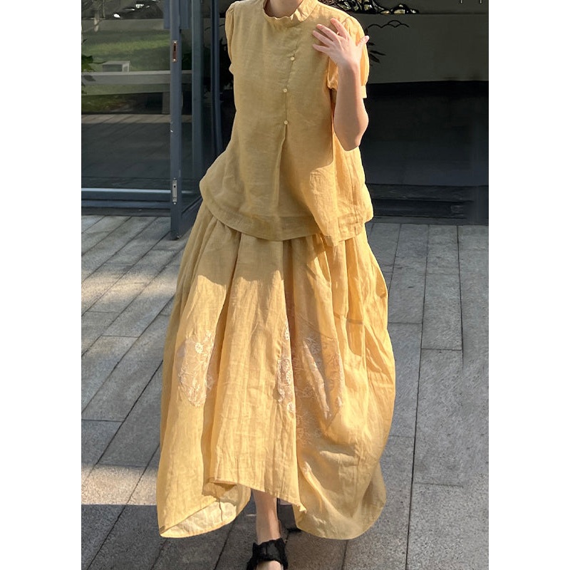 Art Yellow Lace Patchwork Tops And Skirts Two Pieces Set Summer
