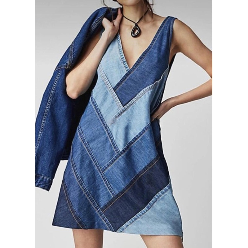 Beautiful Blue V Neck Patchwork Denim Dress Sleeveless