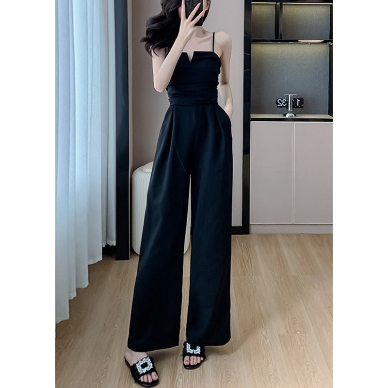 Black Cold Shoulder Solid Silk Sleeveless Jumpsuits Pockets